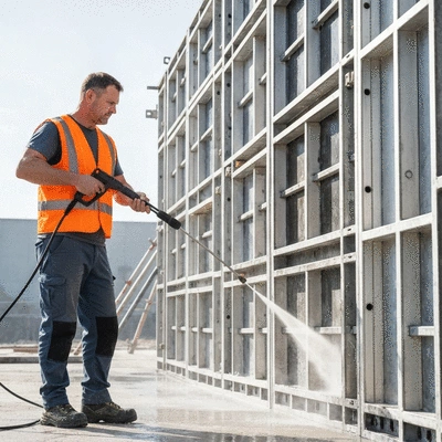 Construction worker cleaning aluminium formwork panel with a pressure washer