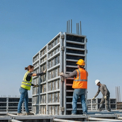 Workers assembling lightweight aluminum formwork panels on a construction site, blue sky background