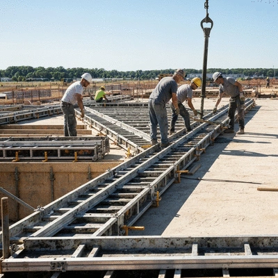 Construction workers assembling aluminum slab formwork on a job site with concrete being poured