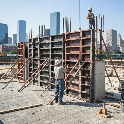 Modern aluminium formwork system on a construction site with engineers reviewing plans